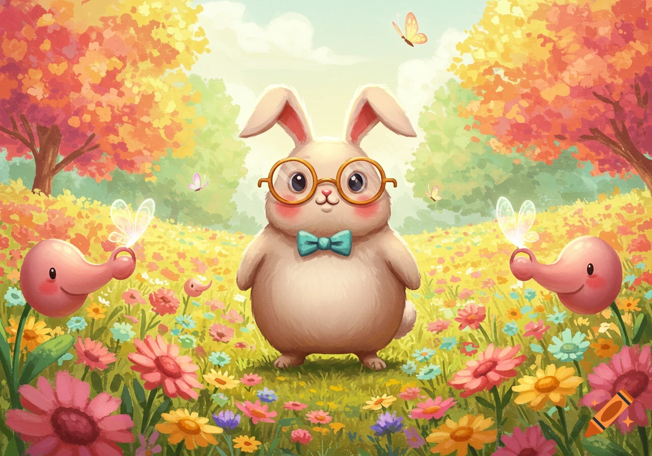 A cute, fluffy rabbit wearing glasses and a bowtie stands in a vibrant, colorful field of flowers with butterflies.