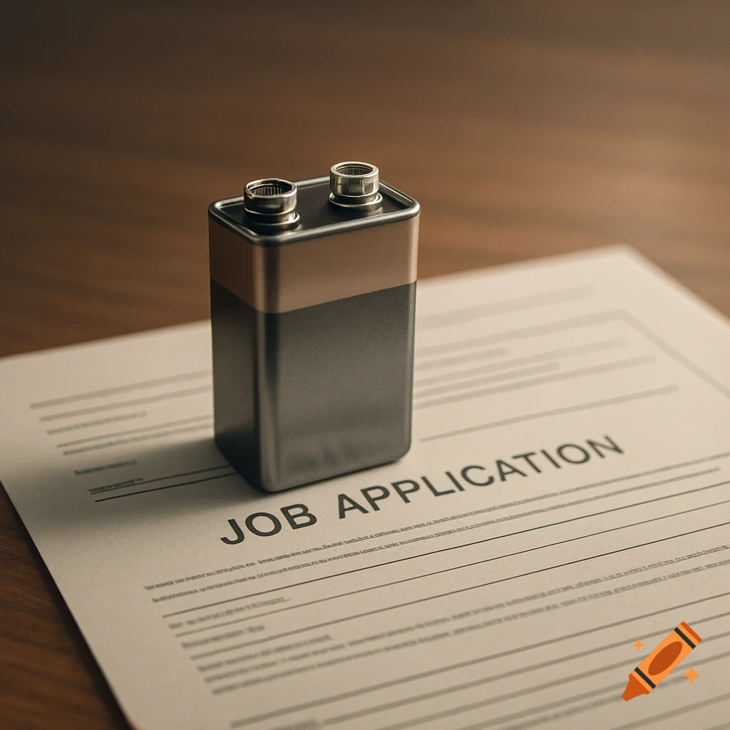A 9V battery sits upright on a job application document on a wooden table, shot from a high angle.