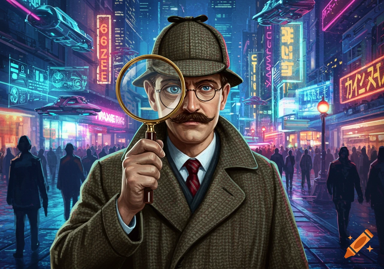 A man resembling Sherlock Holmes, wearing a tweed coat and deerstalker, holds a magnifying glass to his eye in a neon-lit futuristic cityscape with flying vehicles and blurred crowds.