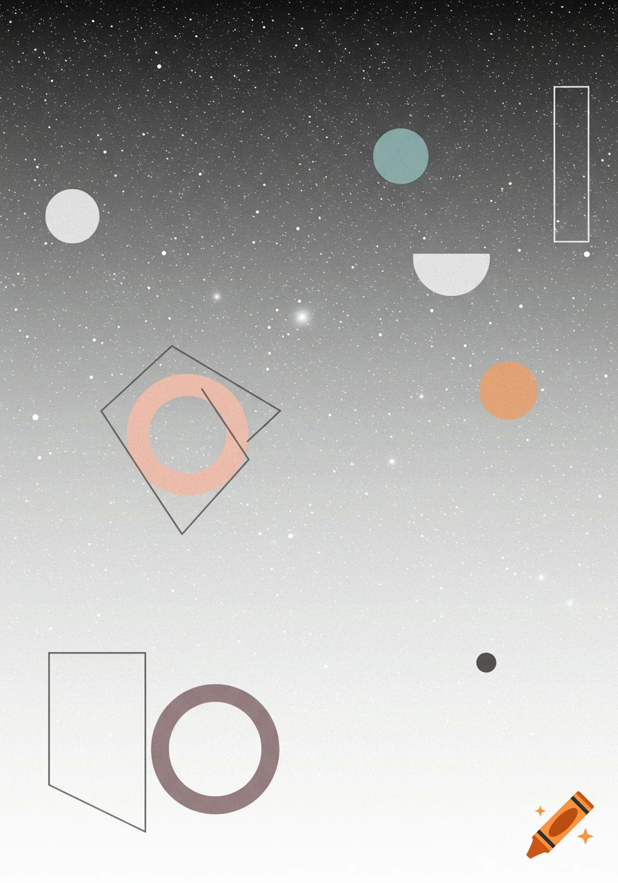 An abstract gradient background with scattered stars and flat, minimalistic geometric shapes in various colors.