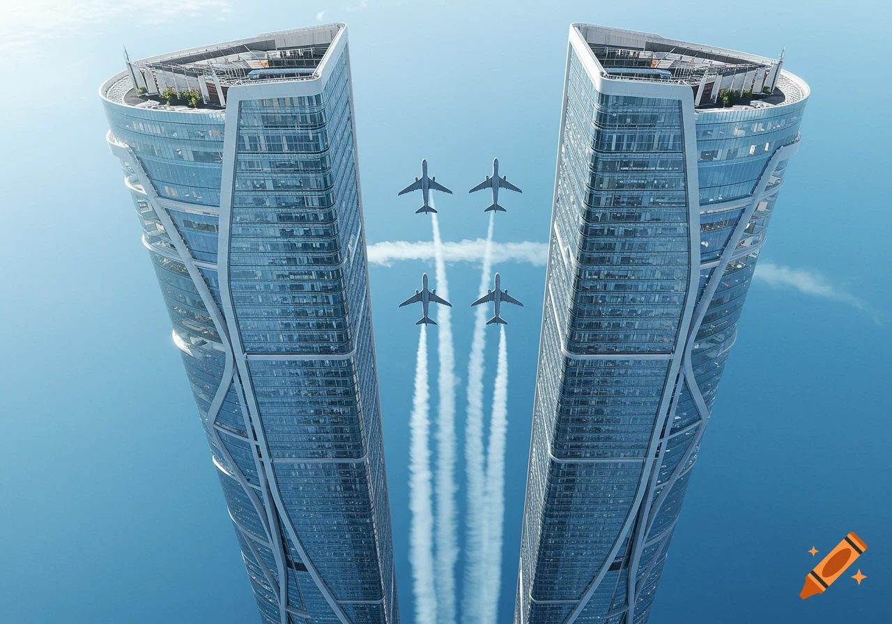 A low-angle view of two modern, curving glass and steel skyscrapers against a blue sky, with four airplanes flying in formation with contrails between them.
