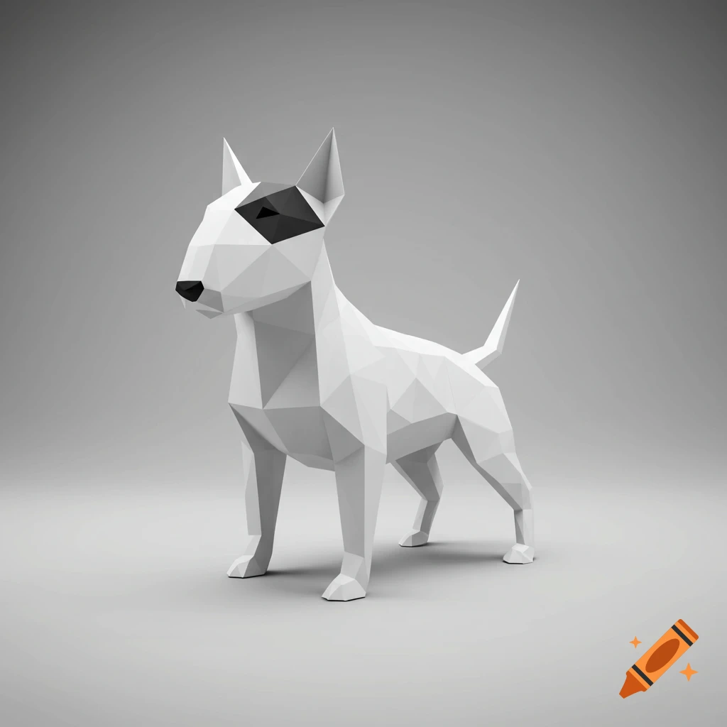 A low-poly white Bull Terrier with a black eye patch stands on a gray background.