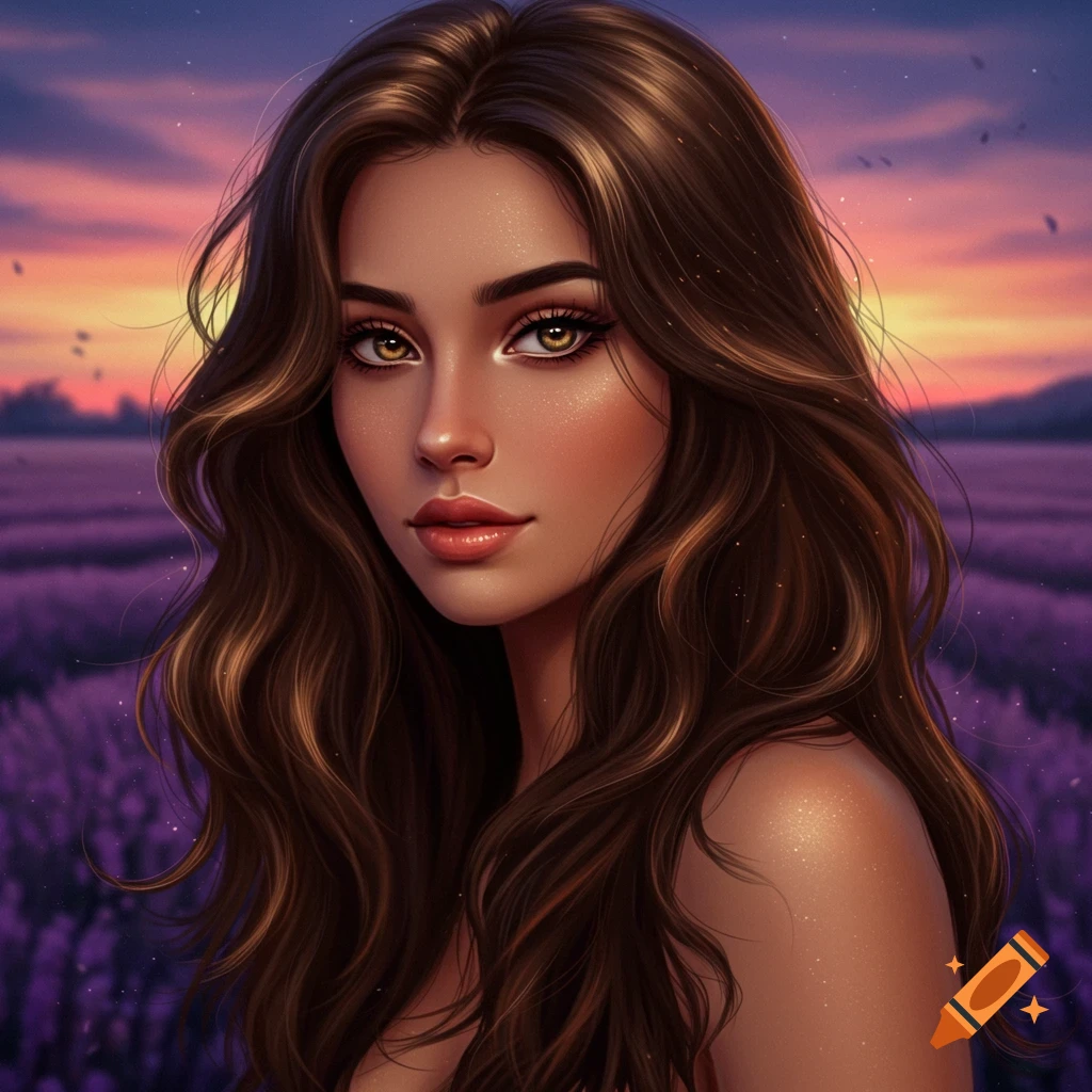 Digital art portrait of a beautiful brunette woman with long wavy hair and golden eyes, in a lavender field at sunset.