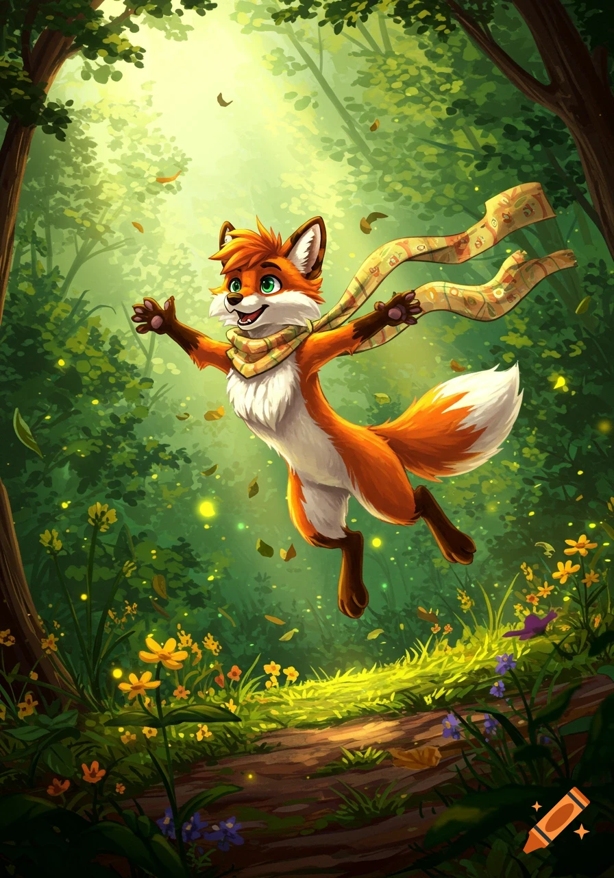 A cute cartoon fox with a scarf jumps joyfully through a sunny, magical forest with glowing plants and falling leaves.