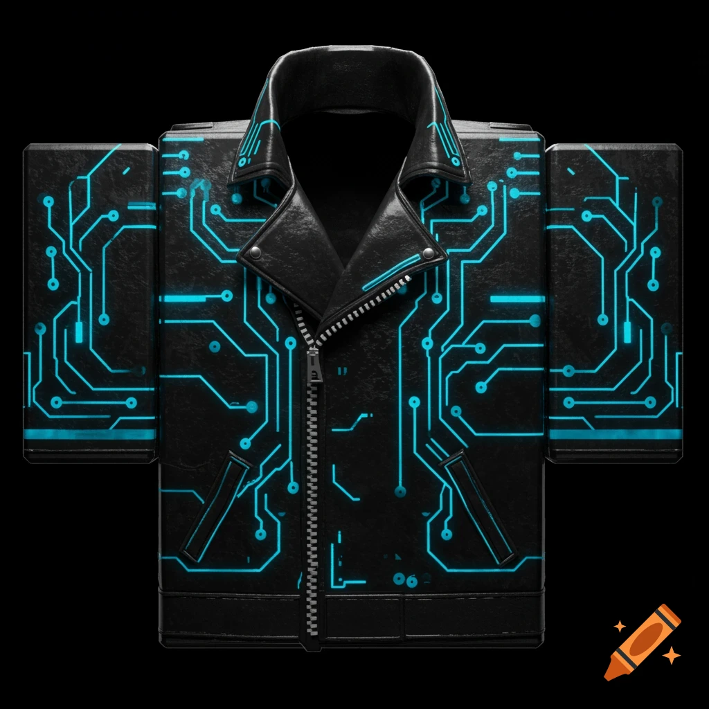 A black leather jacket with glowing neon blue circuitry patterns, designed as a seamless texture for a digital avatar.