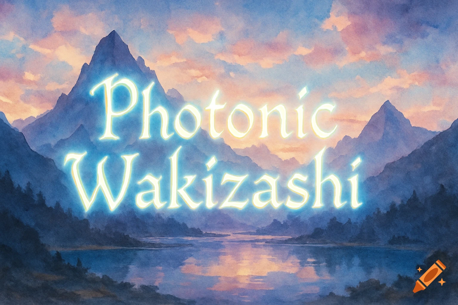 Fantasy-style glowing text 'Photonic Wakizashi' over a watercolor mountain and lake landscape at sunset.