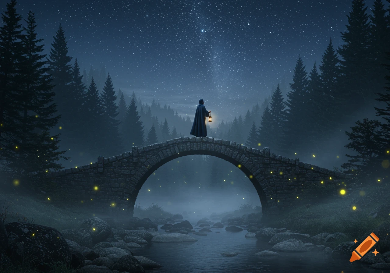 A robed figure with a lantern stands on a stone bridge over a river in a dark forest under a starry night sky, with glowing fireflies.