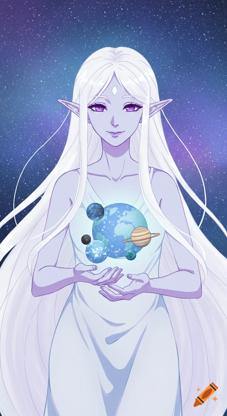 An anime goddess with long white hair and purple eyes, wearing a white dress, holds Earth and other planets in her hands, set against a starry cosmic background.