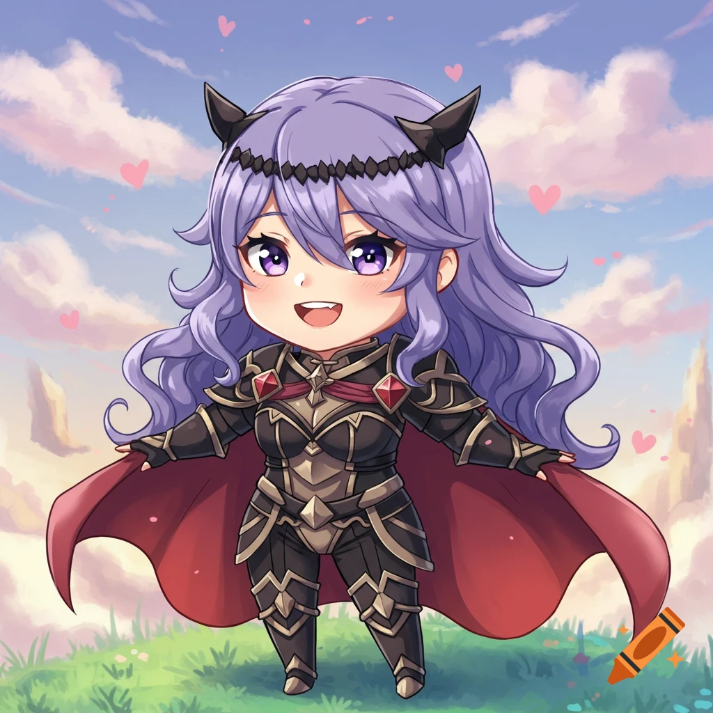 A cute chibi-style character with purple hair and horns, wearing dark fantasy armor and a red cape, standing in a grassy field with a sky background.