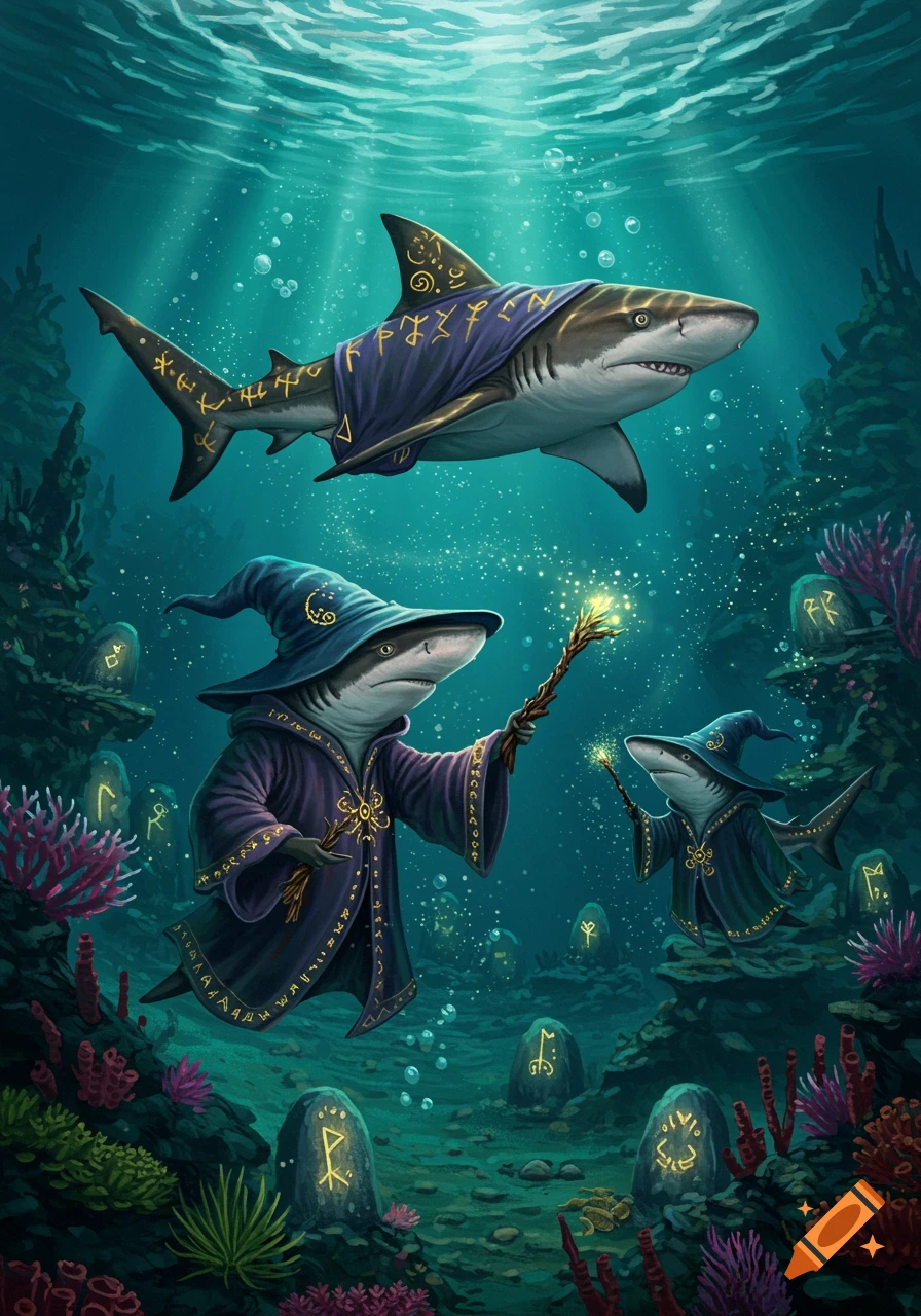 Three Port Jackson sharks dressed as wizards, one large and two smaller, swim and stand underwater amidst glowing runes and coral, with light rays filtering from above.
