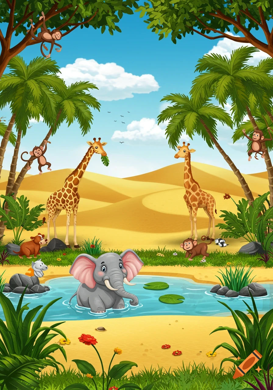 Cartoon giraffes, monkeys, and an elephant in a desert oasis with palm trees and a pond.