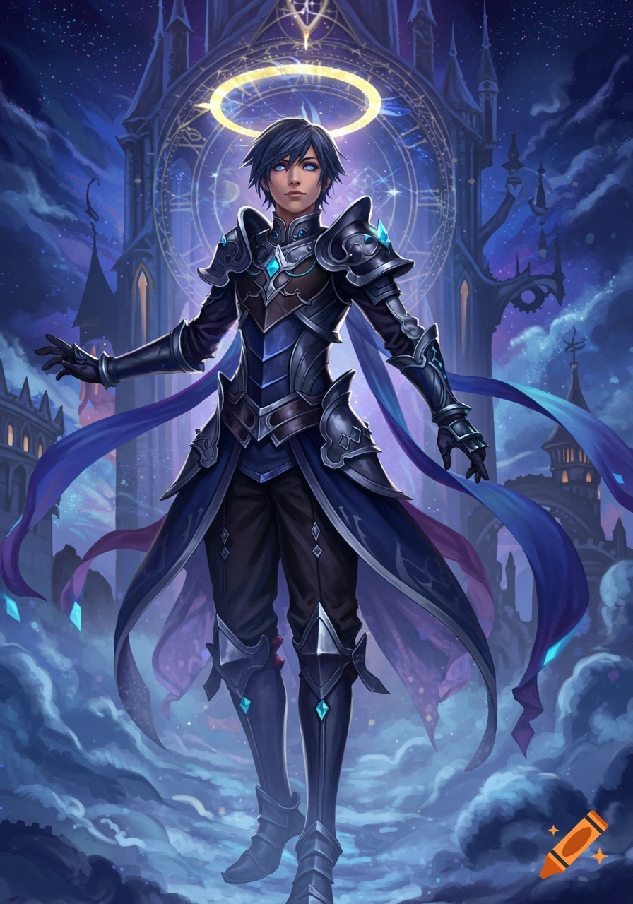 A male character in dark fantasy armor with a halo stands against a gothic castle and starry sky, in an anime style.