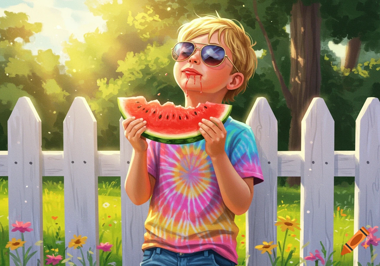 Vibrant illustration of a boy in sunglasses and a tie-dye shirt eating watermelon, juice dripping, in a sunny garden.