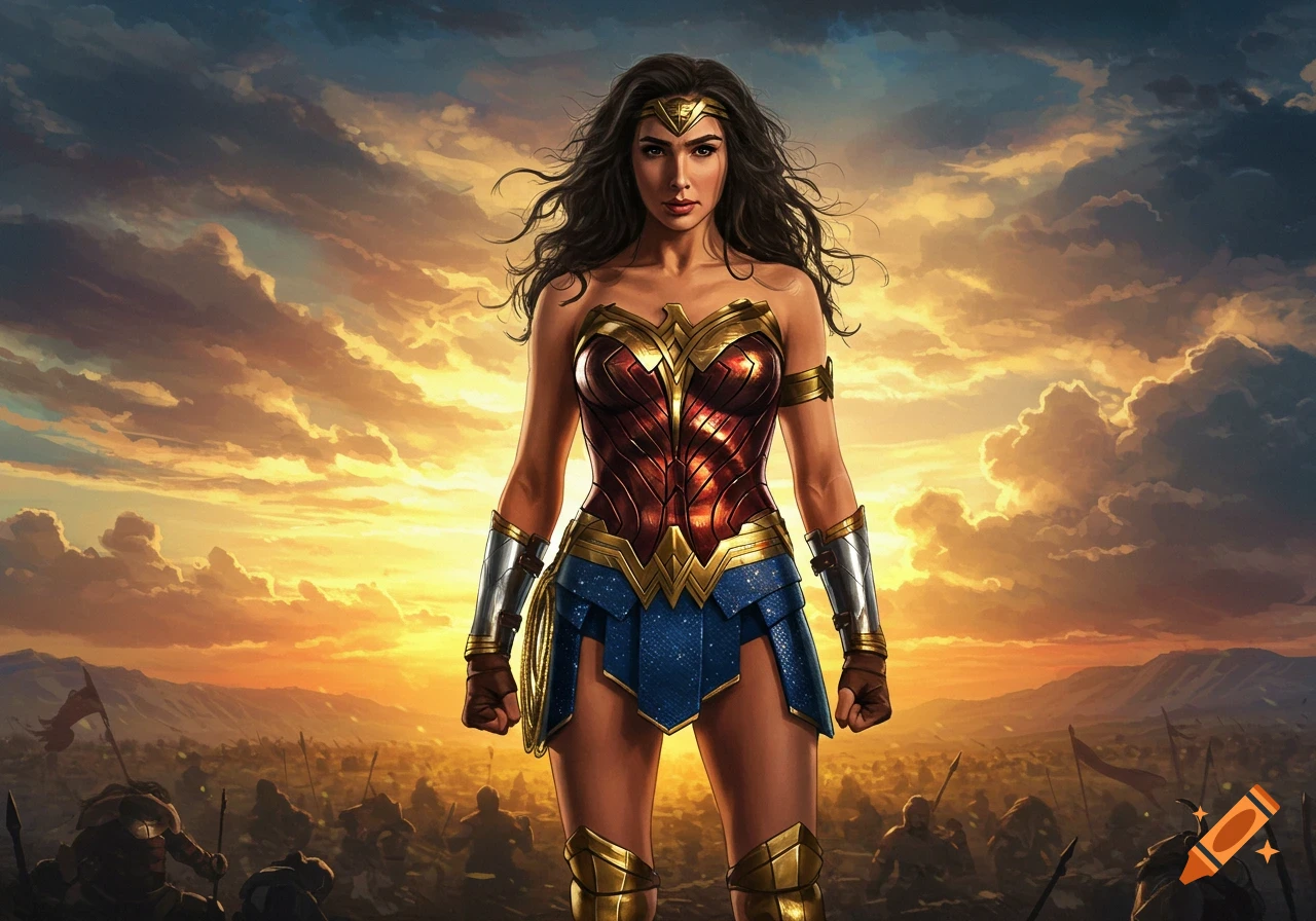Wonder Woman stands in full armored costume against a vibrant sunset sky with a battle in the background, digital art.