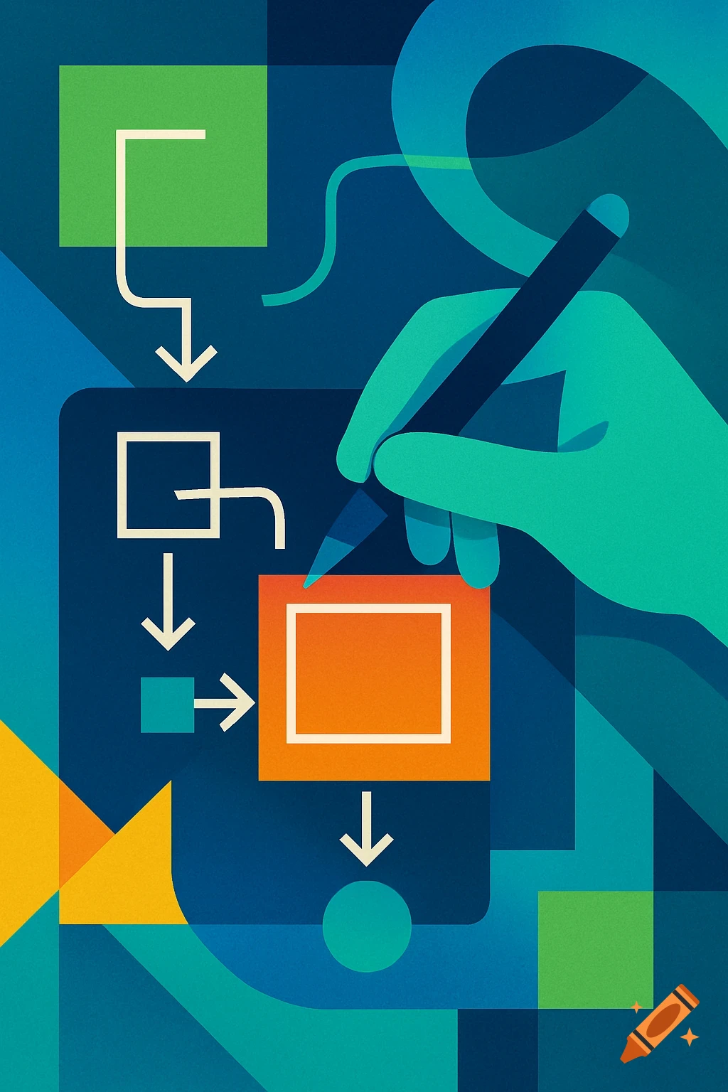 A stylized illustration of a hand holding a stylus, interacting with a colorful abstract schematic diagram.