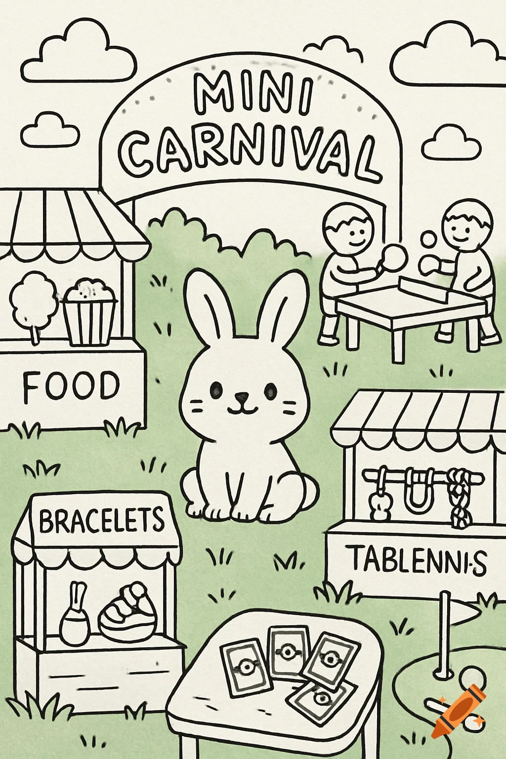 A coloring sheet illustration of a mini carnival with a cute bunny in the center, food and bracelet stands, people playing table tennis, and pokemon cards on a table.