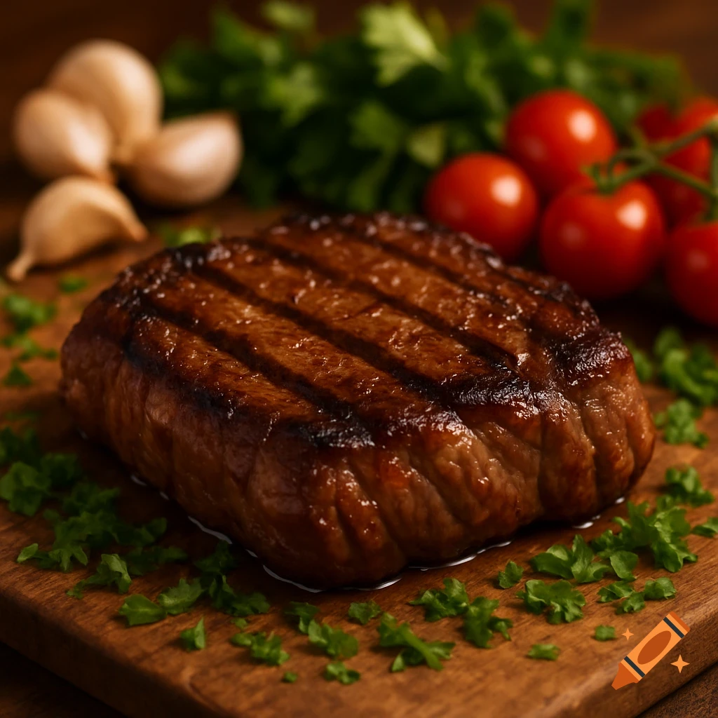 A grilled steak on a wooden cutting board, garnished with herbs, garlic, and tomatoes in the background.