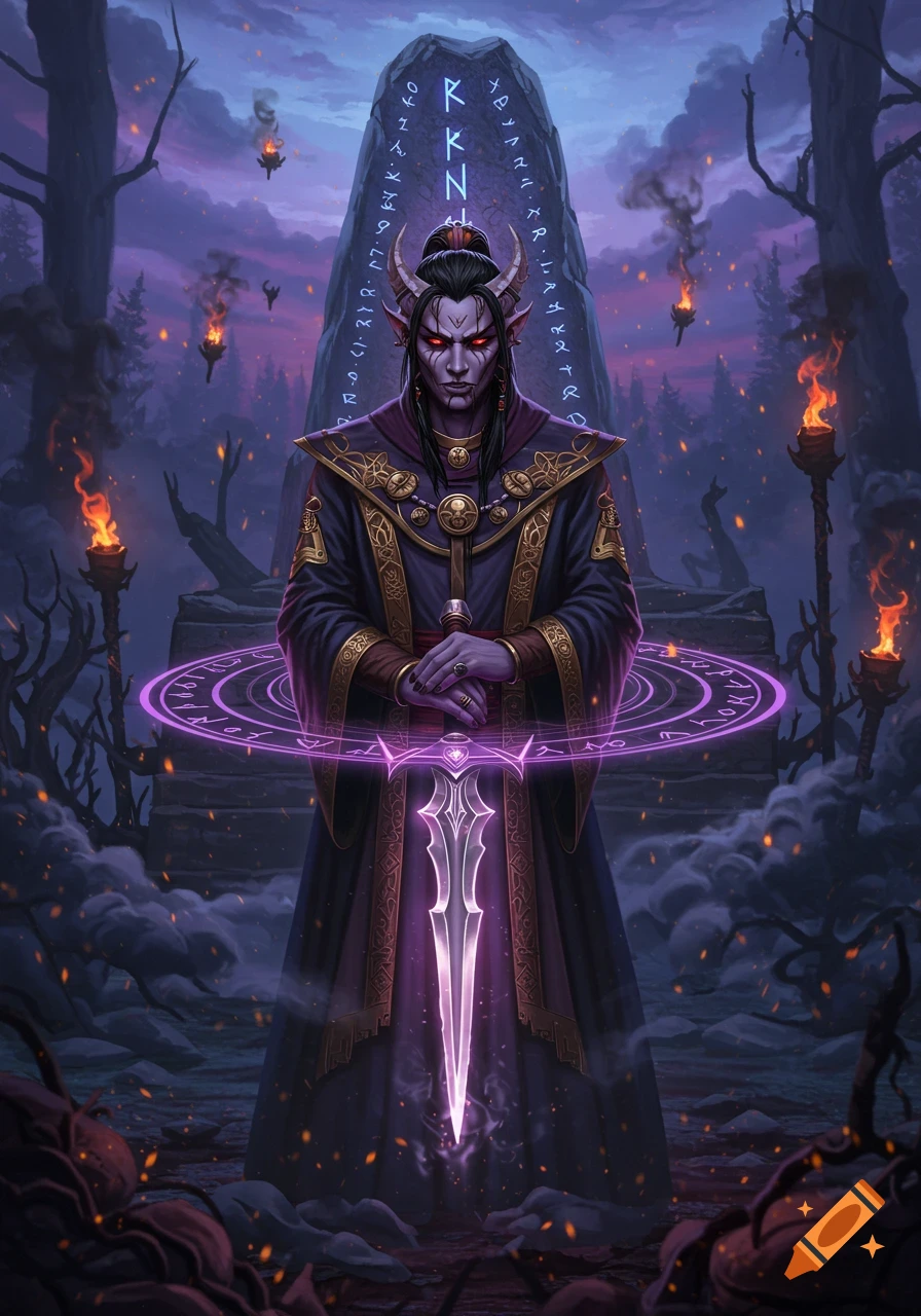 A powerful sorcerer with glowing red eyes and horns stands in a dark fantasy forest, holding a radiant purple dagger-like sword before an ancient runic stone.