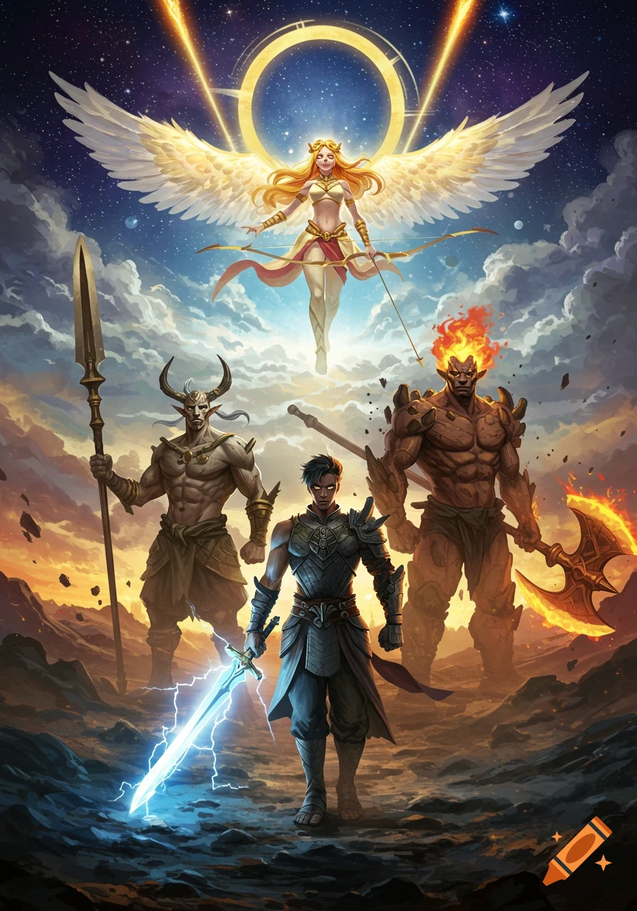 An epic fantasy digital illustration of an angelic figure floating above four powerful elemental beings with weapons, set against a dramatic sky.