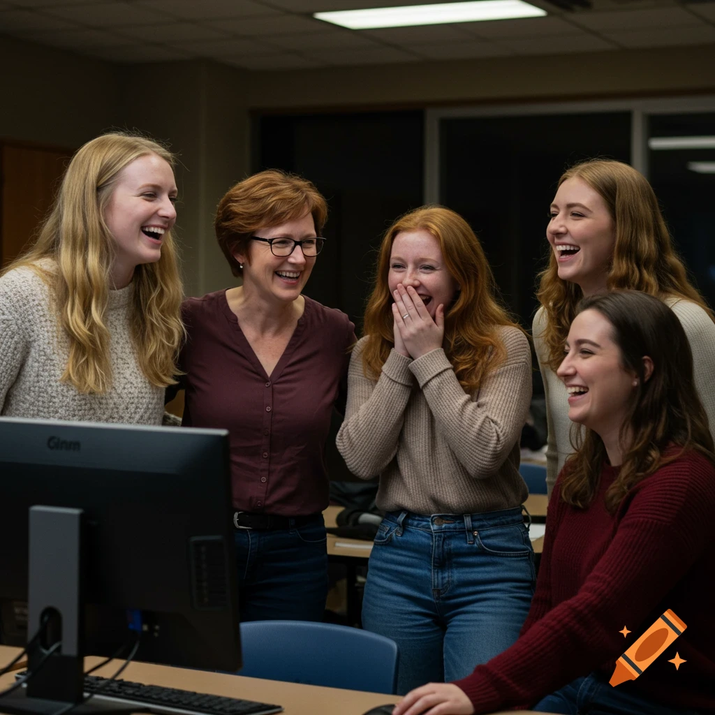 Five women, including a professor and students, laugh excitedly around a computer monitor in a classroom.