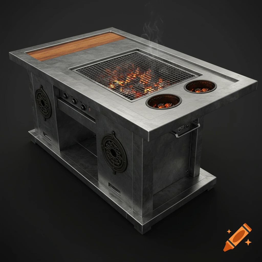 A photorealistic L-shaped metal grill table with a wooden section and burning coals in square and round grates.