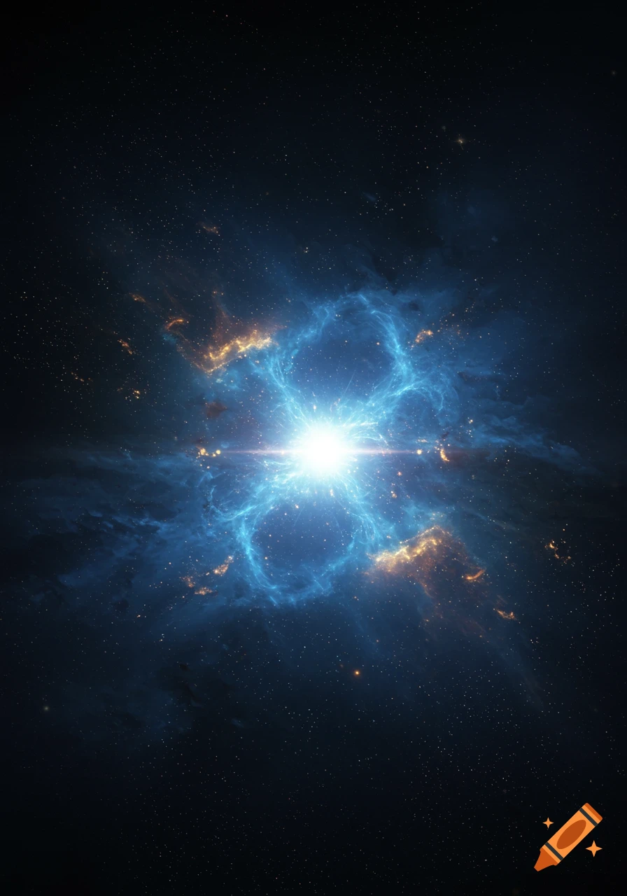 A bright light at the center of a swirling blue and gold nebula against a dark starry background.