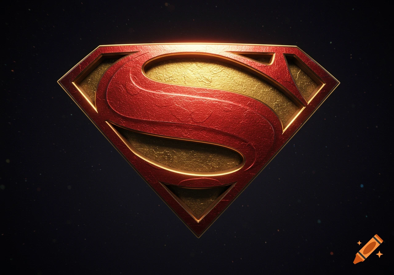 A realistically rendered Superman shield in textured crimson red and gold, glowing against a dark background.
