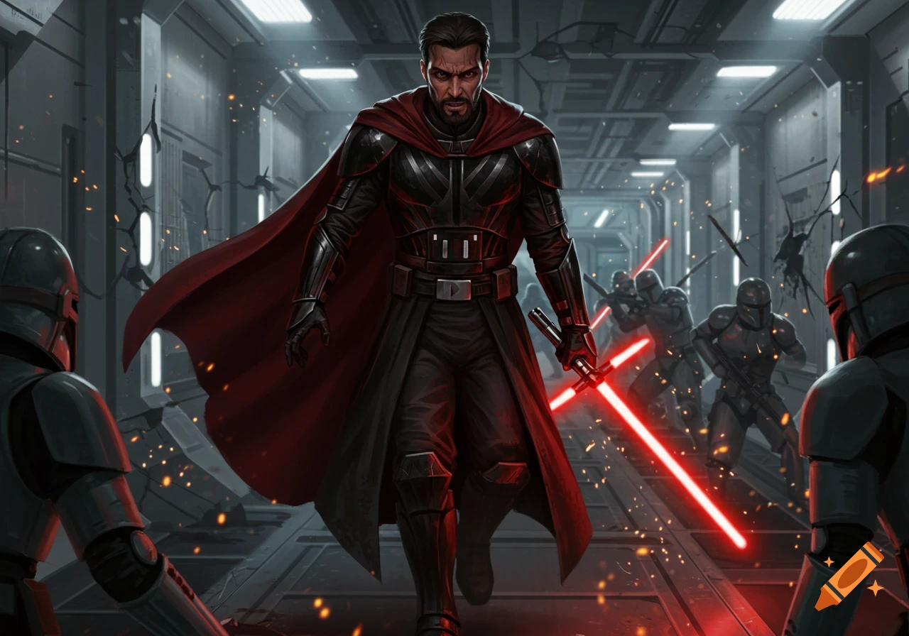 A man in black Sith armor and a red cape wields a red lightsaber, fighting armored troopers in a futuristic corridor.