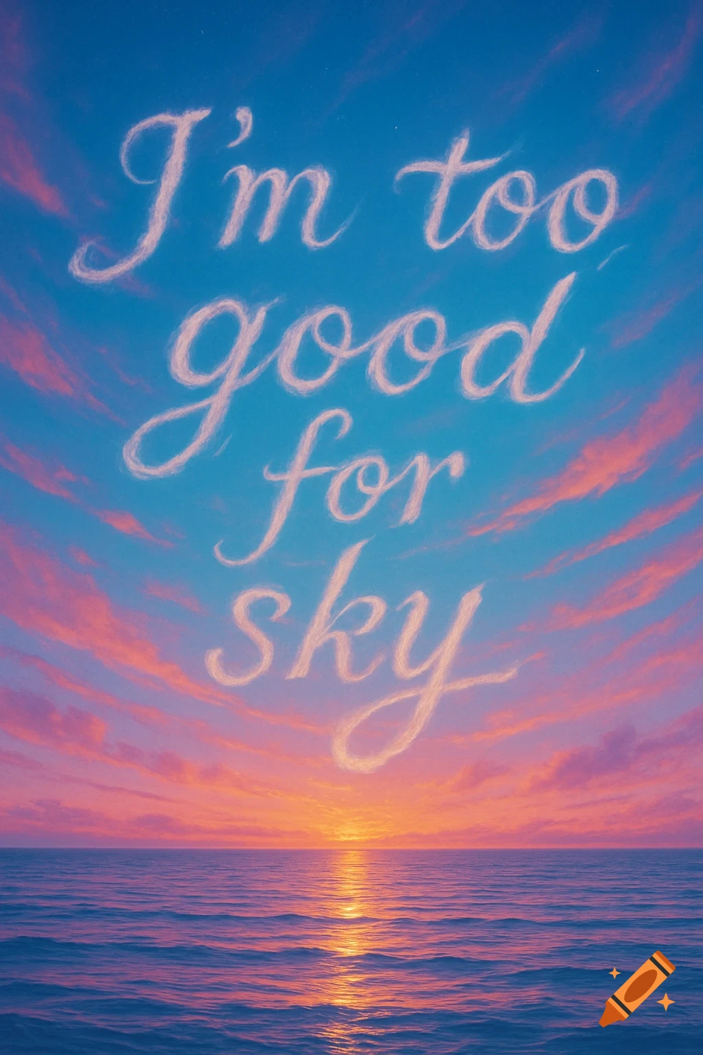 Cloud text 'I'm too good for sky' in a vibrant sunset sky over a calm ocean.