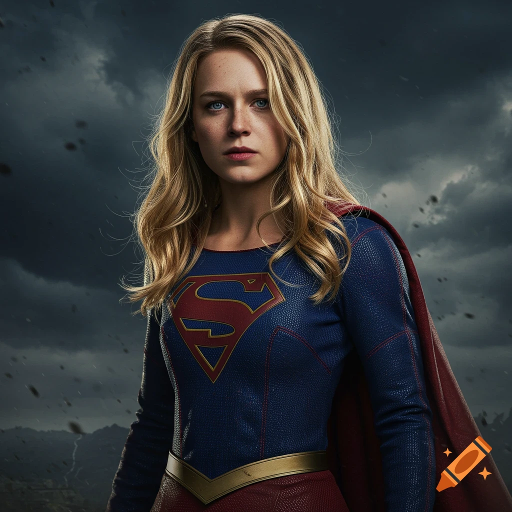 A photorealistic portrait of Supergirl with long blonde hair and freckles, wearing her blue and red suit with the S-shield, standing under a dark, stormy sky.