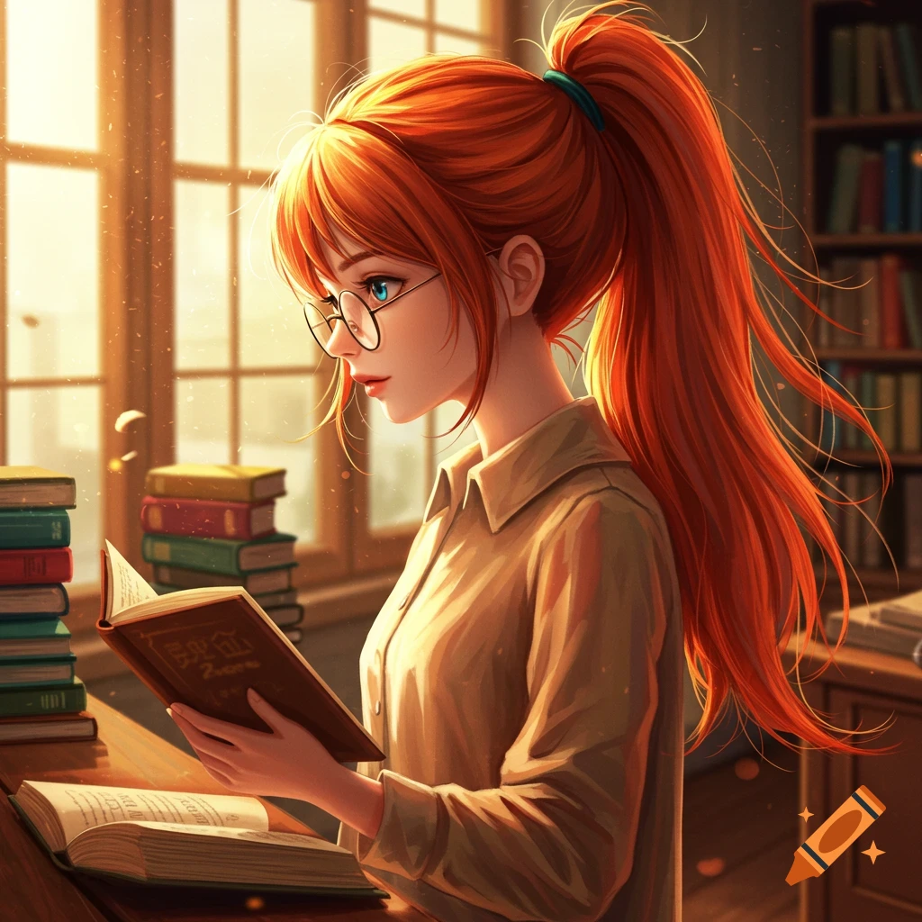 A red-haired anime girl with glasses reads a book in a sunlit library.