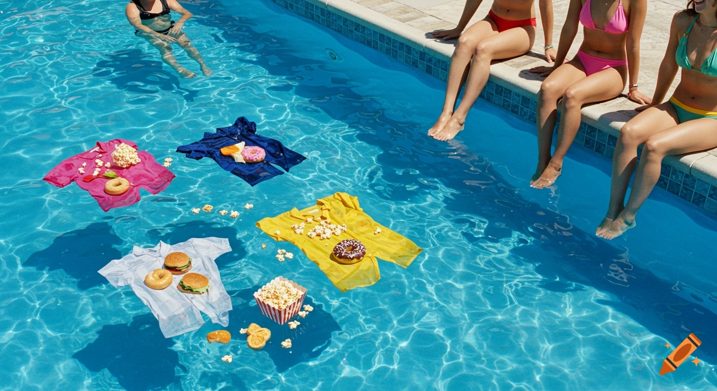 Women relax by a bright blue swimming pool, with shirts, burgers, donuts, and popcorn floating on the water.