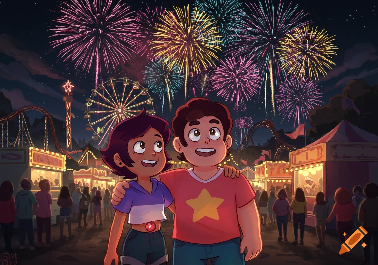 Luz Noceda and Steven Universe stand smiling at a night carnival with colorful fireworks, a Ferris wheel, and a rollercoaster in the background.