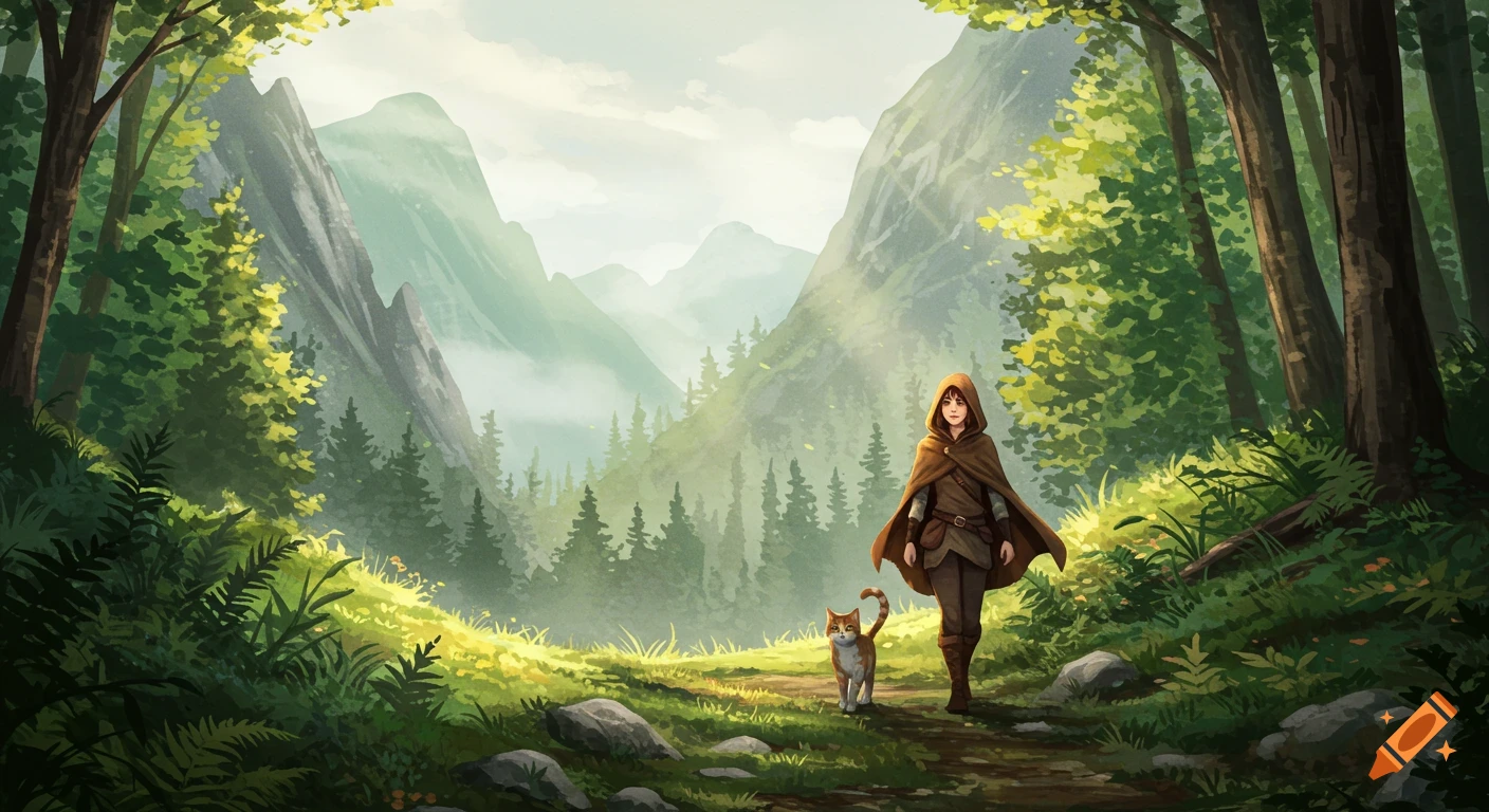 Watercolor painting of a female adventurer and her cat walking on a dirt path through a lush, forested mountain valley.