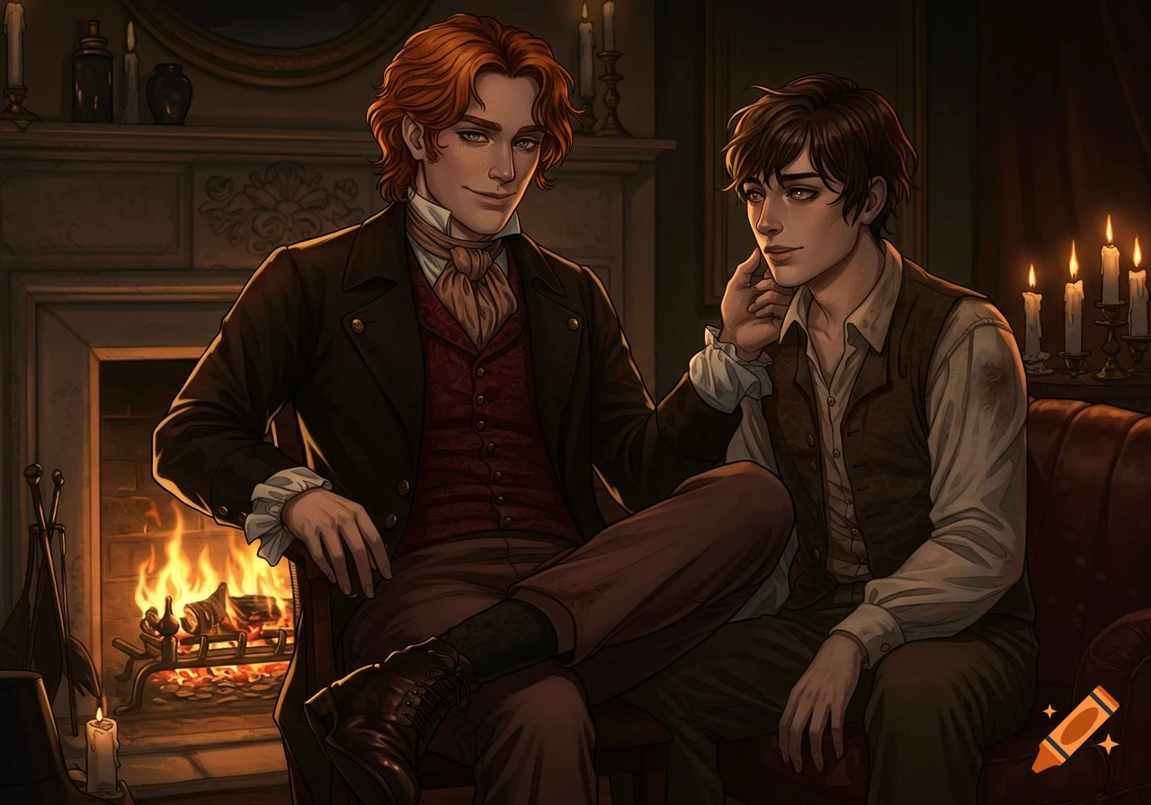 A graphic novel illustration of two young men in a dimly lit Victorian room by a fireplace, one touching the other's face.