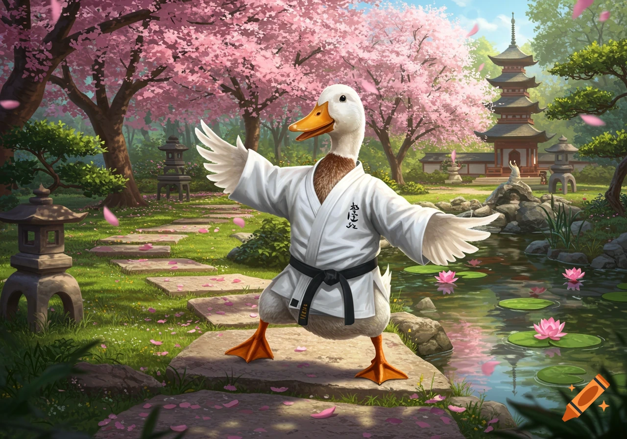 A white duck wearing a white karate gi with a black belt stands in a Japanese garden with cherry blossom trees and a pond.