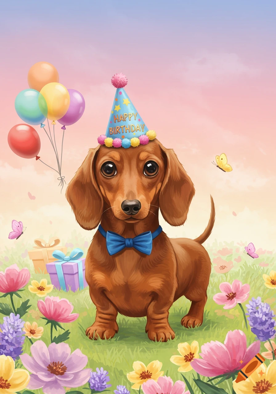 A cute illustrated dachshund wearing a blue bow tie and a birthday hat that says HAPPY BIRTHDAY, standing in a field of colorful flowers with balloons and gifts.