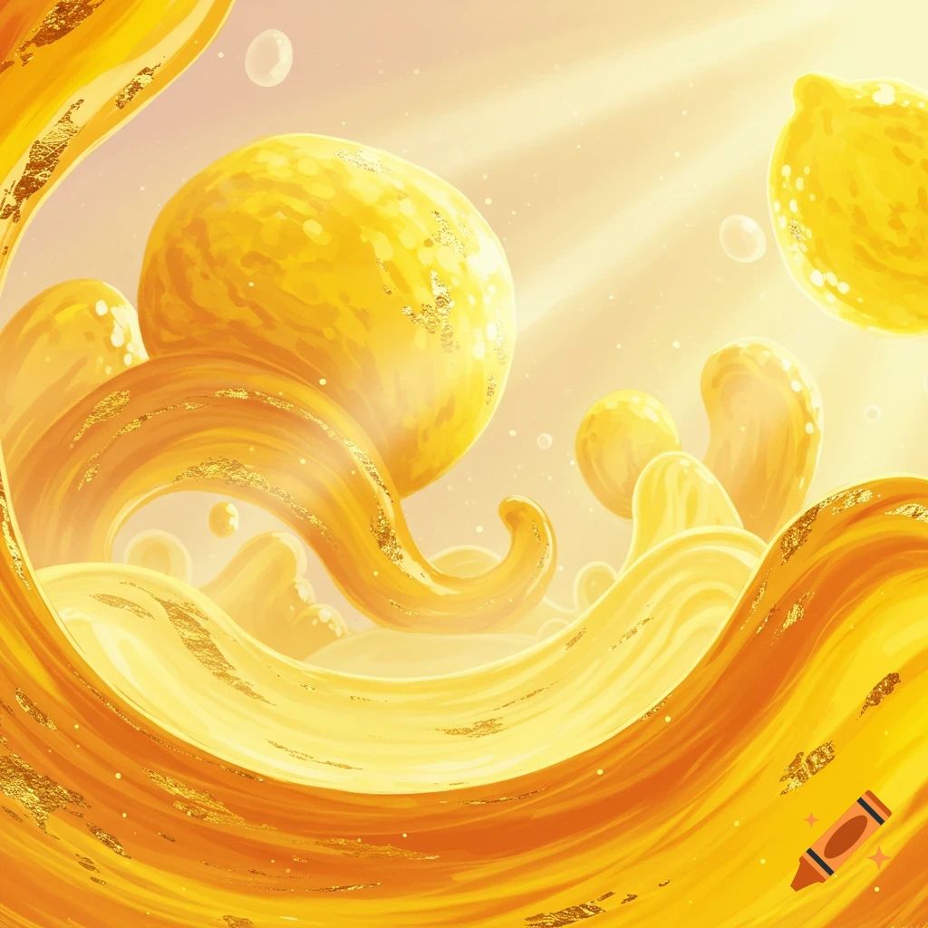 Vibrant illustration of abstract yellow and orange wavy forms and spheres, some resembling lemons, with golden speckles and light rays.