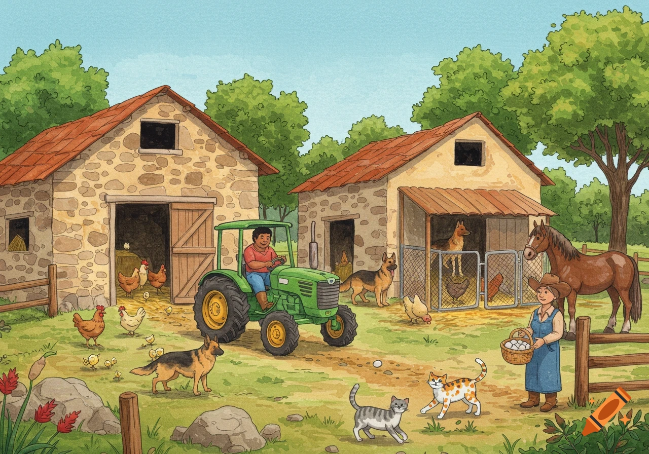 A watercolor illustration of a bustling farm with barns, a tractor, farmers, chickens, dogs, cats, and a horse.