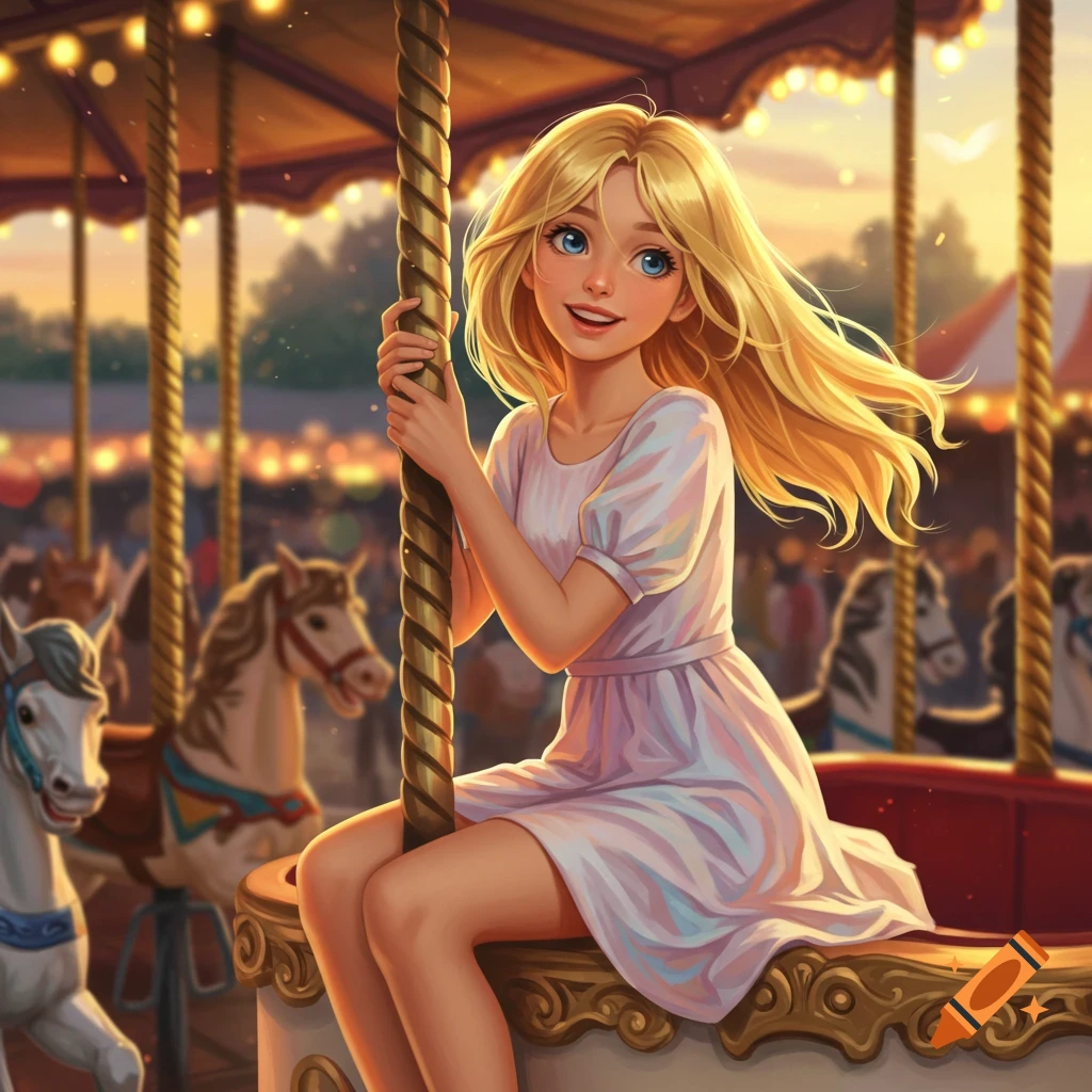Vibrant illustration of a smiling blonde girl sitting on a carousel horse at an amusement park during sunset.
