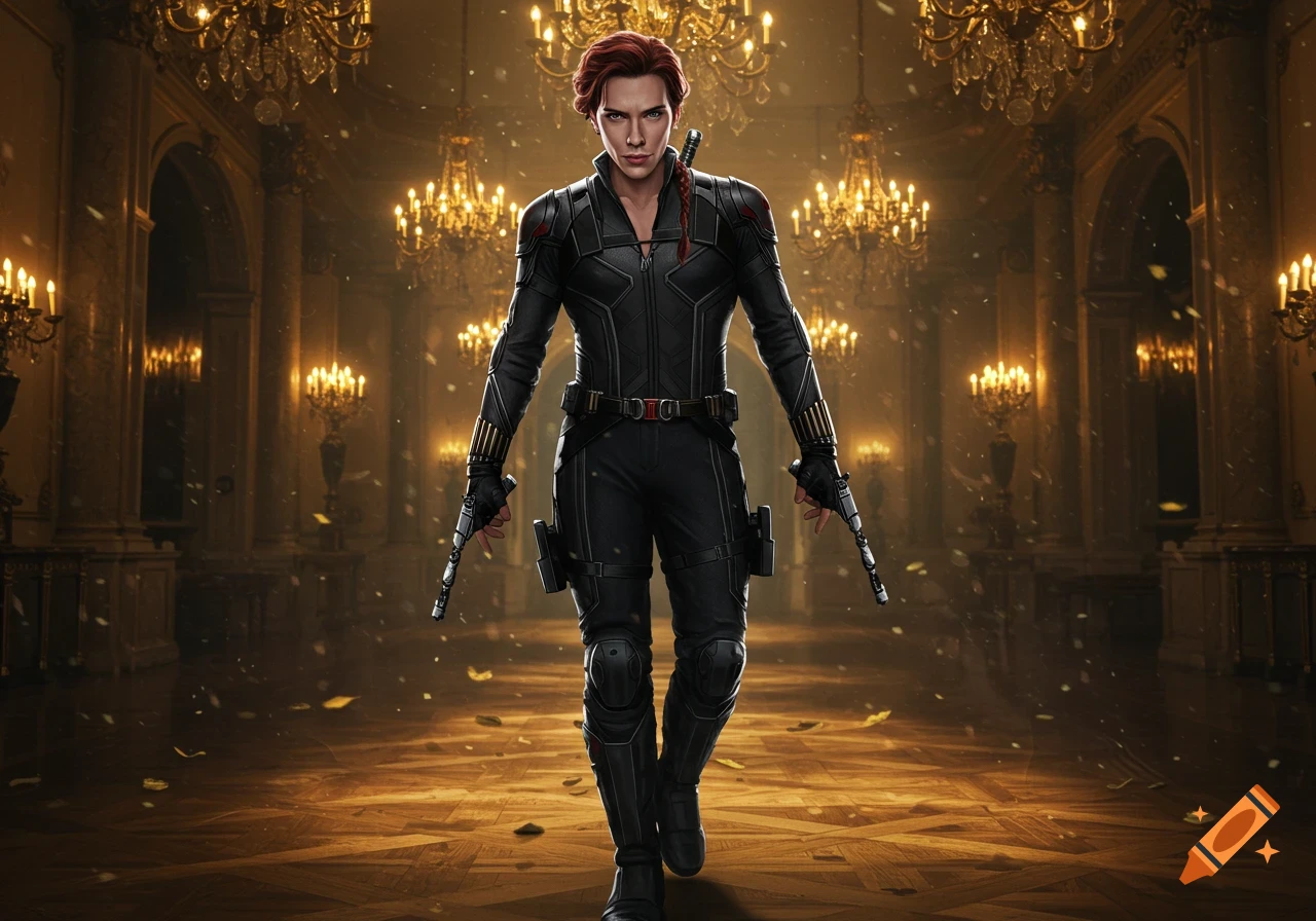 A female character in a black suit, resembling Black Widow, walks forward holding two pistols in an opulent, chandelier-lit hall.