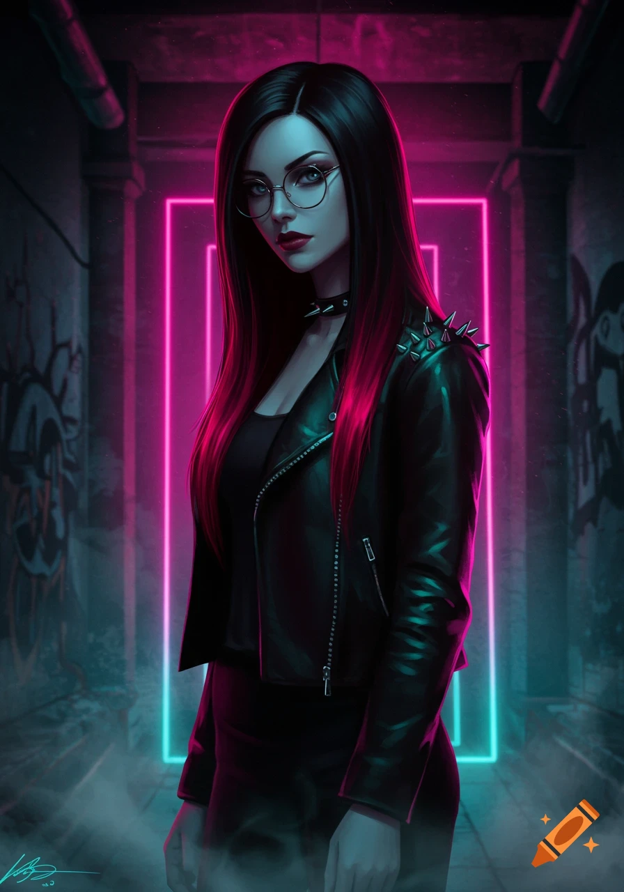A woman with black hair with pink tips, glasses, and a spiked leather jacket stands in a neon-lit alley with graffiti.
