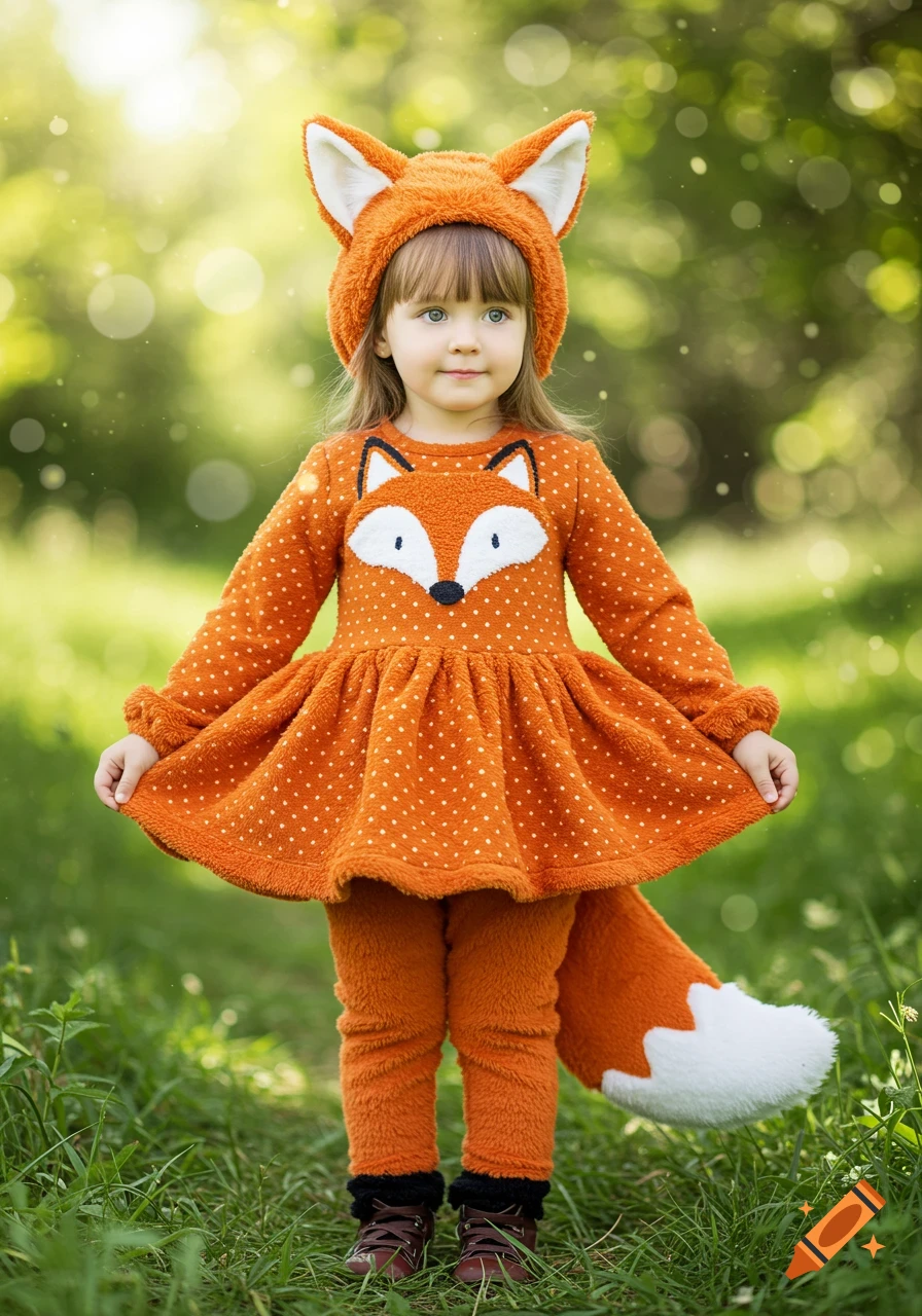 A young child dressed in an orange fox costume with a matching hat and tail, standing in a grassy outdoor setting with blurred green background and sun flares.