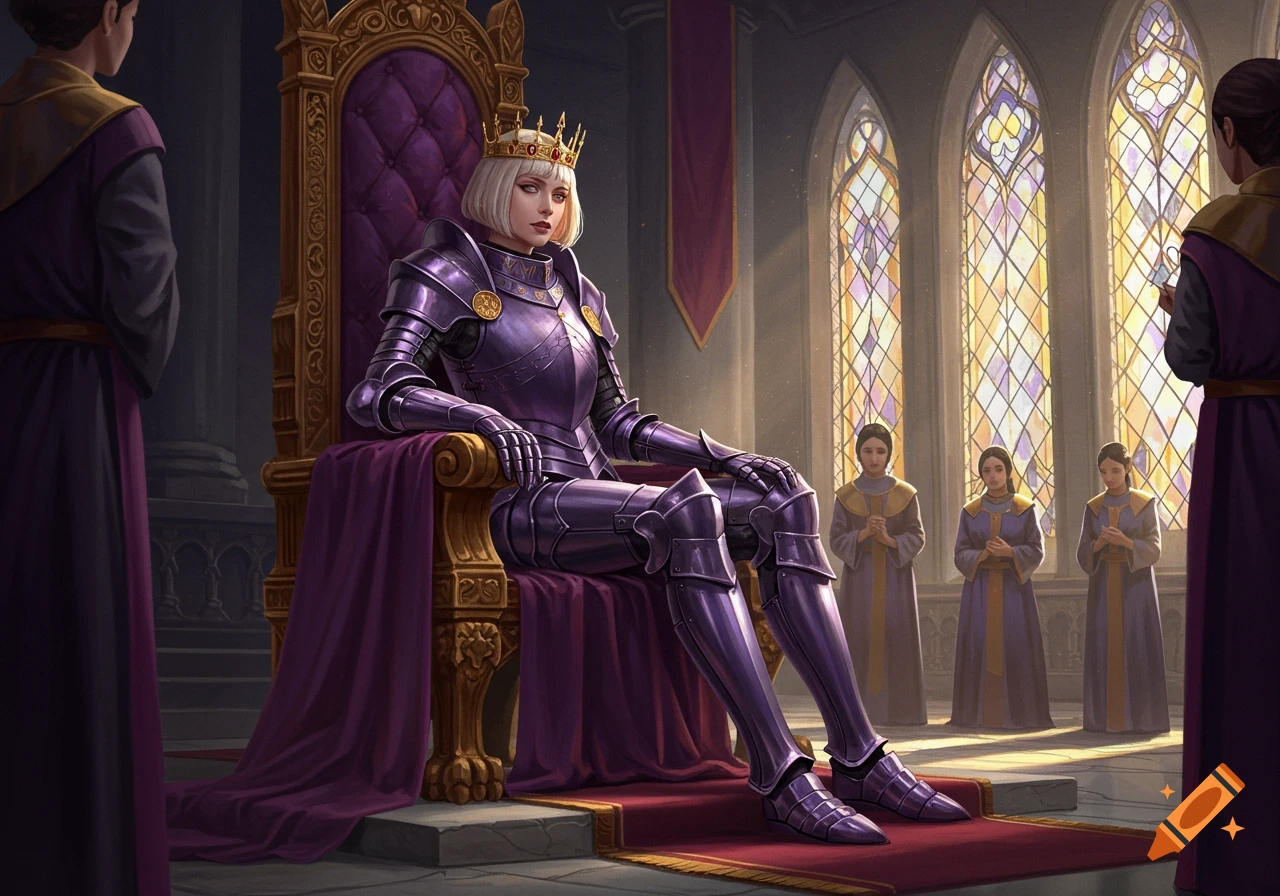 A queen in purple knight armor sits on a golden throne in a grand hall, with attendants and stained-glass windows.