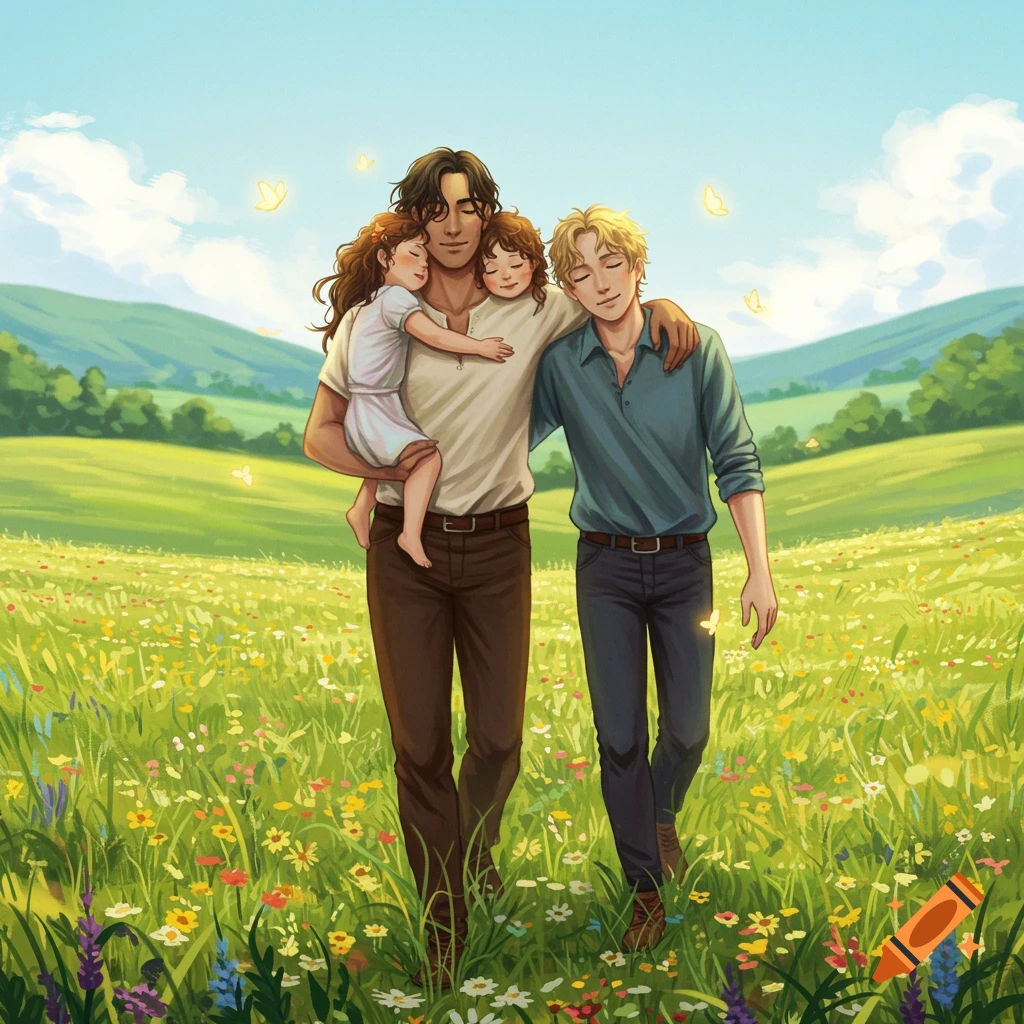 Two men, one with dark hair holding a child and the other with blond hair, walk through a vibrant green meadow filled with wildflowers under a blue sky, with another child beside them.