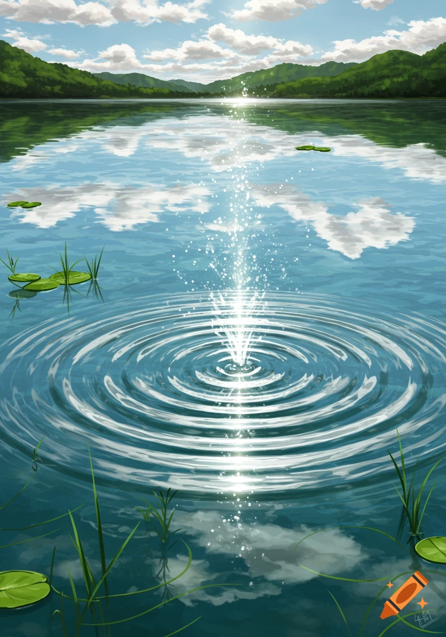 A serene lake with mountains and reflections under a cloudy sky, with a bright water splash and ripples in the foreground.