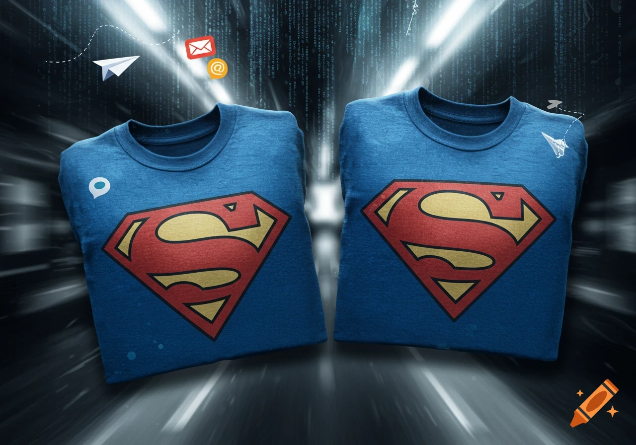 Two folded blue Superman t-shirts against a dark, digitally-themed background with email and paper airplane icons.