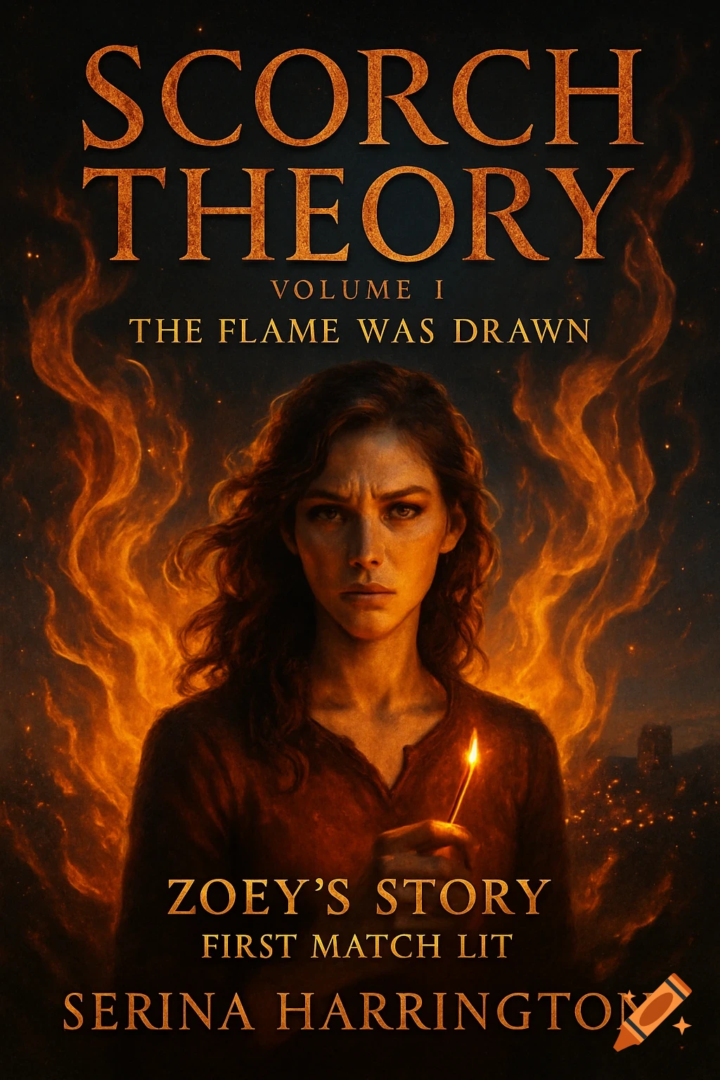A fantasy book cover showing a young woman with dark hair holding a lit match, surrounded by flames. The title 'Scorch Theory' is at the top.