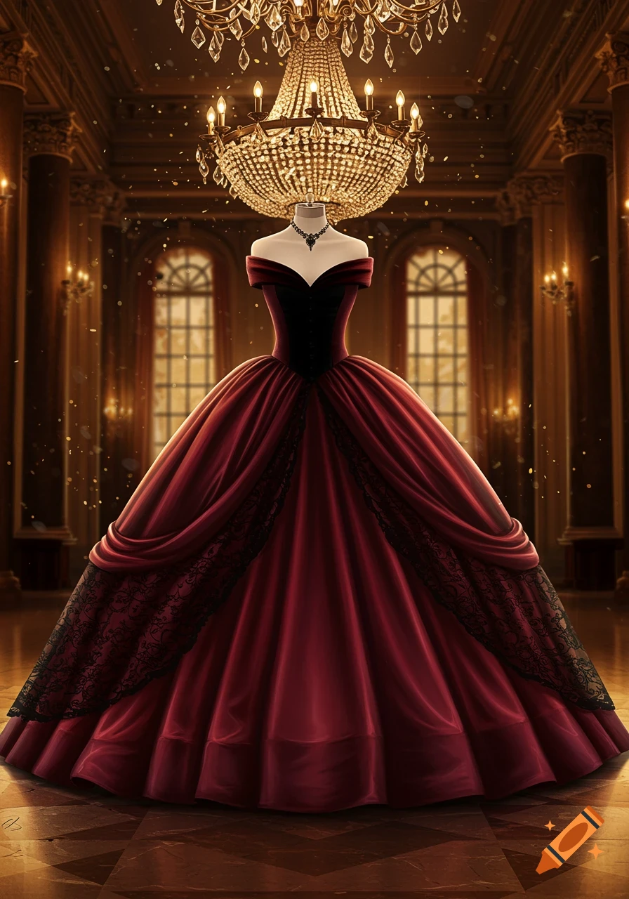 A lavish dark red ball gown with black lace and velvet bodice displayed on a mannequin in a grand ballroom with a large chandelier.