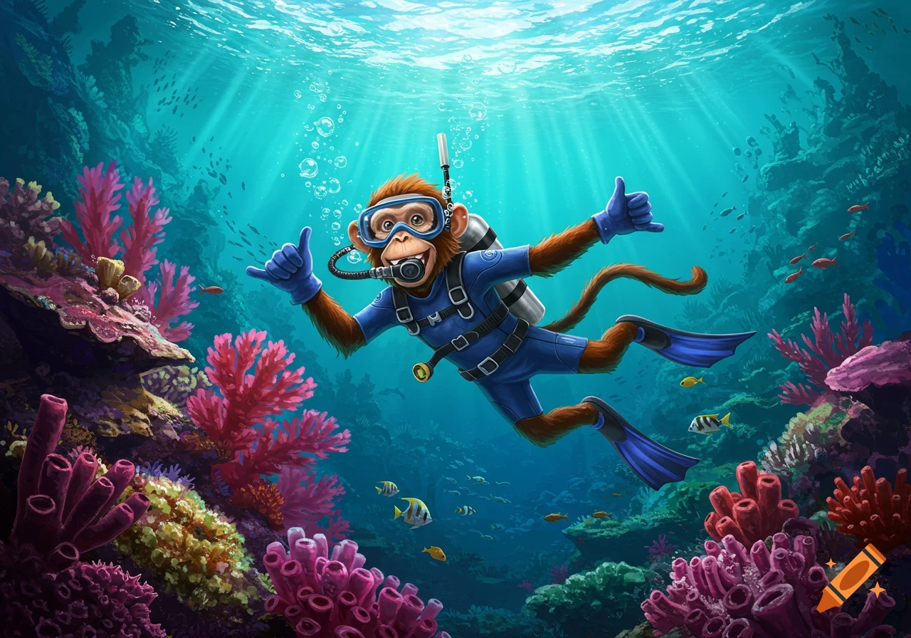 A cartoon monkey in a blue scuba suit swims underwater, giving a 'hang loose' sign amidst colorful coral and fish.